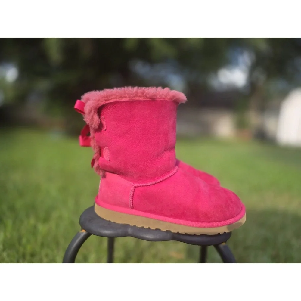 UGG Kids Bailey Bow II Pink Suede Shearling Boots Girls